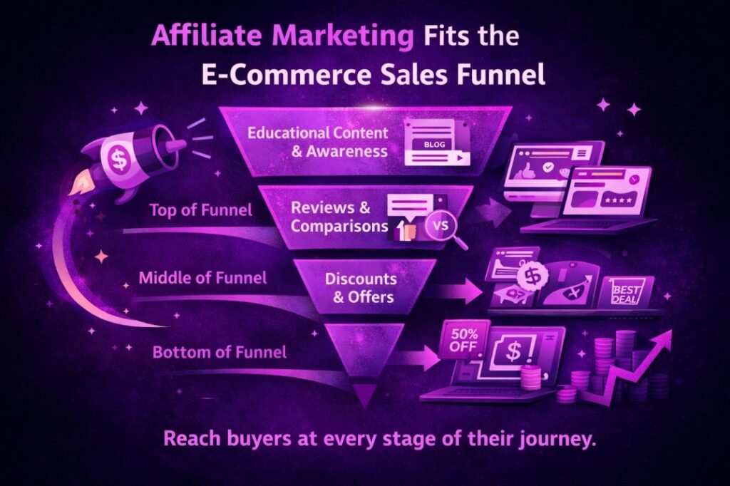 Illustration showing how affiliate marketing fits into the e-commerce sales funnel, with stages for educational content and awareness, reviews and comparisons, and discounts and offers, guiding users from top to bottom of the funnel toward online purchases.