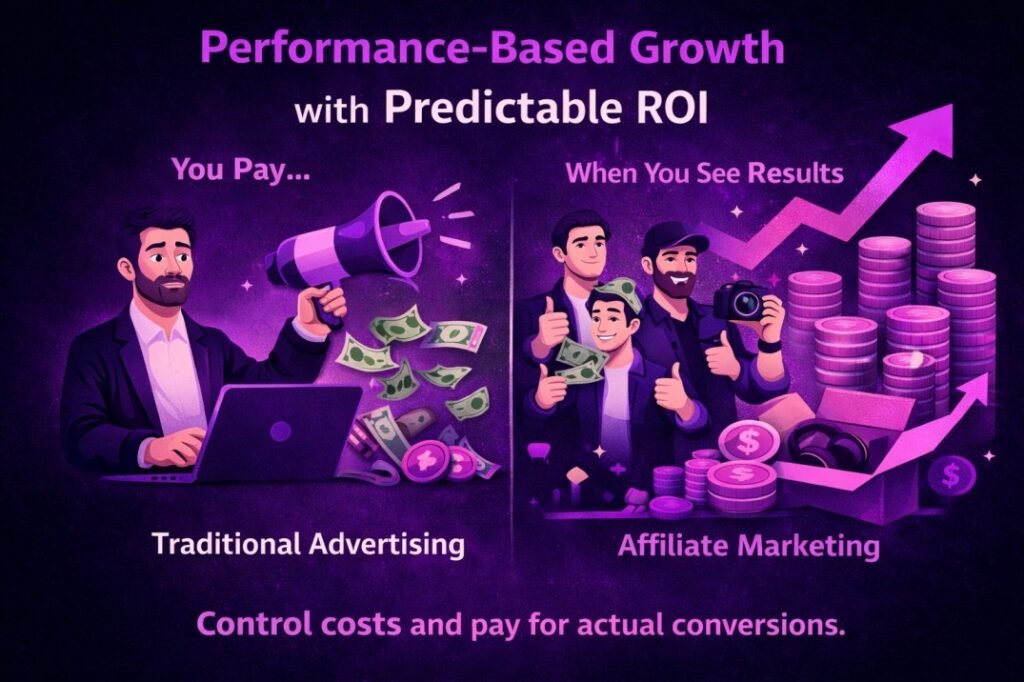 Comparison illustration showing performance-based affiliate marketing versus traditional advertising, highlighting predictable ROI, controlled costs, and paying only for actual conversions.